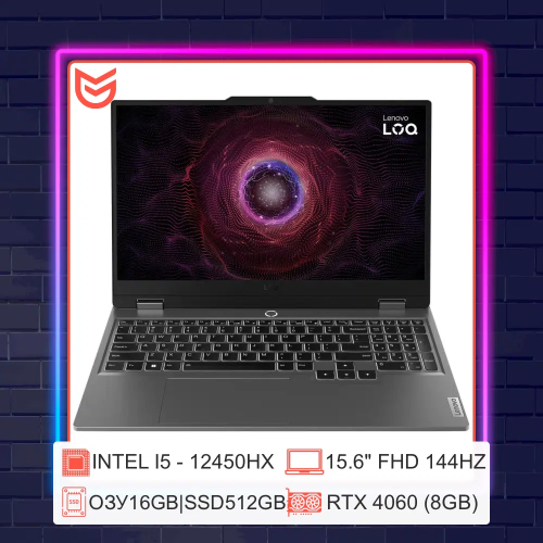 15.6" Ноутбук Lenovo LOQ 15IAX9, 15.6" (1920x1080) IPS 144 Гц/Intel Core i5-12450HX/16 ГБ DDR5/512 ГБ SSD/NVIDIA GeForce RTX 4060 для ноутбуков (8 Гб)/Без системы, Серый (83GS00ENRK)