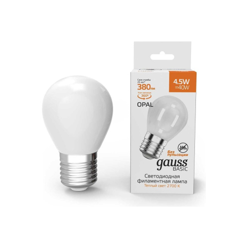 Лампа светодиодная Gauss Basic 1055215 4.5Вт цок.E27 шар 220B 2700K св.свечения белый теплый уп/10шт