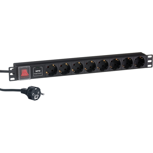 Блок розеток ExeGate ServerPro PDU-19H807 Al-8S-EU2CU-SW-SPD1 (EX280846RUS) 19", 1U, Алюминий, 8 Schuko, кабель с евровилкой VDE-250V-16A-3*1.5mm