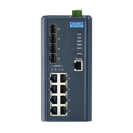 Коммутатор Advantech (EKI-7712E-4F-AE) управляемый Ethernet, 8 портов RJ-45, 4 порта Gigabit SFP, металлический корпус, IP30