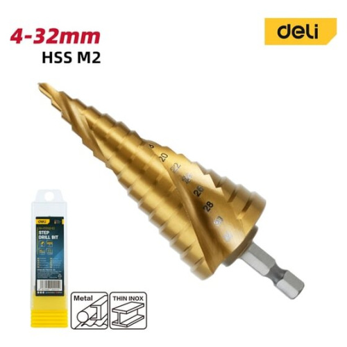 Сверло ступенчатое по металлу Deli DH-JTZ032-E2 4-32мм, HSS M2, спиральная канавка, шестигранный хвостовик
