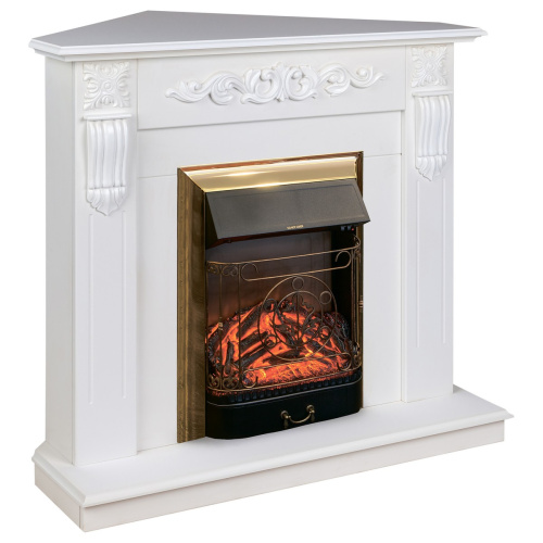 Электрокамин RealFlame Dominica Corner DN белый матовый с очагом Majestic Lux Brass