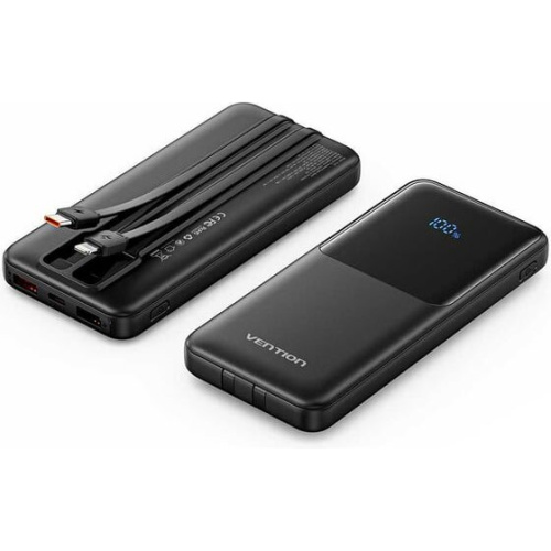 Power Bank Vention FHOB0 10000mAh (Micro-USB/C/A/A) со встроенными кабелями 22.5W Чёрный с LED Дисплеем