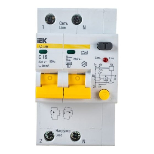 Выключатель автоматический дифференциального тока IEK АД-12М ИЭК MAD12-2-016-C-030 2п 3модуля C 16A 30mA тип A 4.5kA